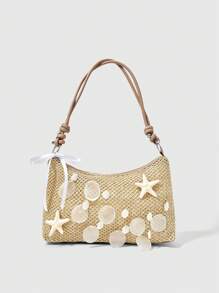 ROMWE Kawaii 1 Túi xách đi biển phong cách Bohemian dành cho nữ, túi tote dệt rỗng có vỏ sò, đuôi cá, trang trí hoa nhiệt đới (Bao gồm vật liệu trang trí DIY) - Nhiều màu - Xem 1