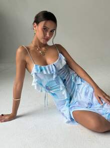 Aloruh 女士花卉印花荷叶边 V 领修身长裙，浪漫度假约会之选，春夏 - 藍色 - 查看 9