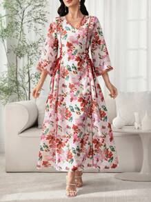 Al Najma V 领喇叭袖花卉印花侧抽绳春夏连衣裙，端庄 - 彩色 - 查看 4