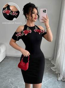 Elenzga 女士性感花卉刺绣露肩紧身迷你连衣裙，夏季 - 黑色 - 查看 1
