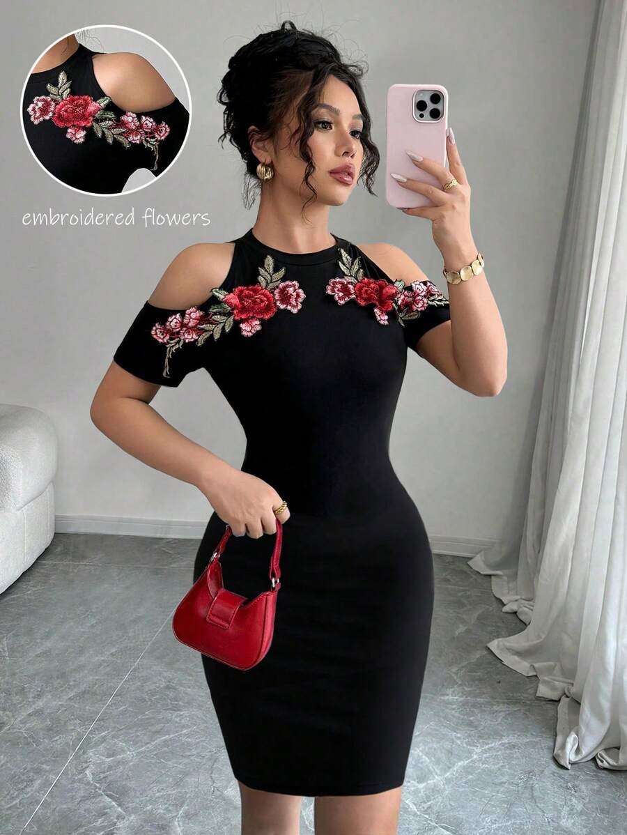 Elenzga 女士性感花卉刺绣露肩紧身迷你连衣裙，夏季 - 黑色 - 查看 1