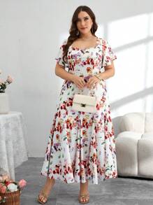 Modelyn Plus Size Long Spring/Summer Rhinestone Ruffle Hem Romantic Floral Print A-Line Elegant Maxi Dress - Multicolor - View 6