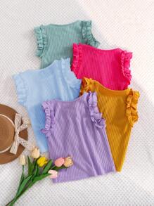 Set de 5 camisetas de manga corta con cuello redondo, ajuste ceñido, color liso y volante en el bajo, para niñas jóvenes