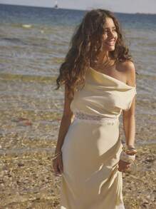 Aralina Women Mid-Length Oblique Shoulder Dress, Fashionable For Summer - Apricot - View 4