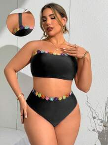 Slaydiva Áo Tankini họa tiết hoa nhiều màu cỡ lớn dành cho nữ có dây đeo vai có thể tháo rời + Quần bikini họa tiết hoa cạp cao - màu đen - Xem 6