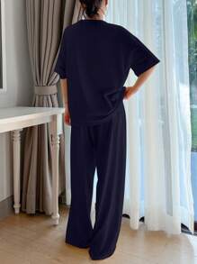 DAZY 2 件套心形印花宽松短袖女士家居服套装睡衣 - 藏蓝色 - 查看 2