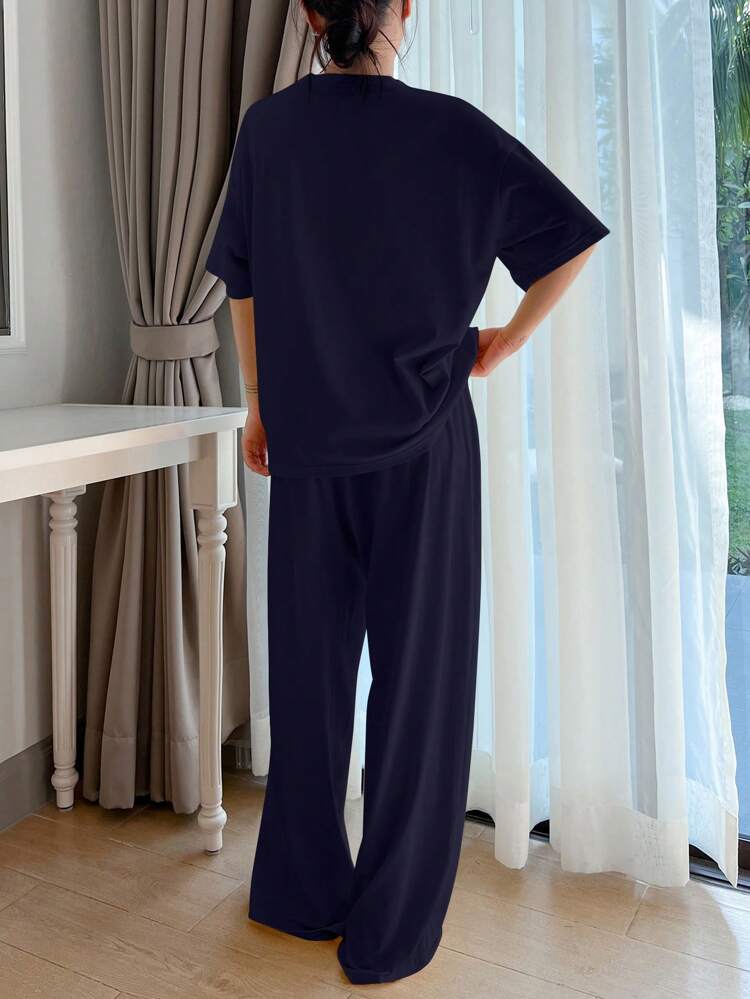 2 Pieces Heart Printed Loose Short Sleeve Women Loungewear Set Pajama