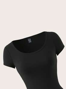 SHEIN PETITE Women's Casual Simple Round Neck Cap Sleeve Fitted Crop T-Shirt Top, Black, Suitable For Summer Suitable For Going Out - Black - View 6