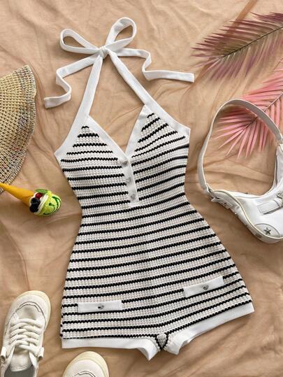 Soleia Vacation Beach Outfits For Woman Vacation Outfits Woman Summer Outfits For Women Vacation Retro Red & White Striped Contrast Color Hearth Metal Buckle Decor Halter Tight Jumpsuit