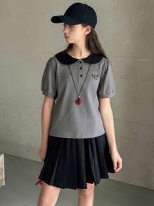 DAZY 2pcs/Set Teenage Girls Peter Pan Collar Embroidered Short Sleeve T-Shirt + Pleated Mini Skirt Summer Outfit,Back To School Clothes - Grey - View 4