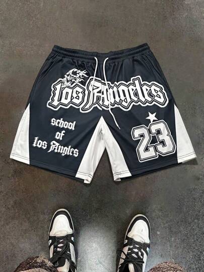 Manfinity EMRG Plus Size Men's Letter Graphic Print Drawstring Waist Pocket Shorts ,Basketball Shorts