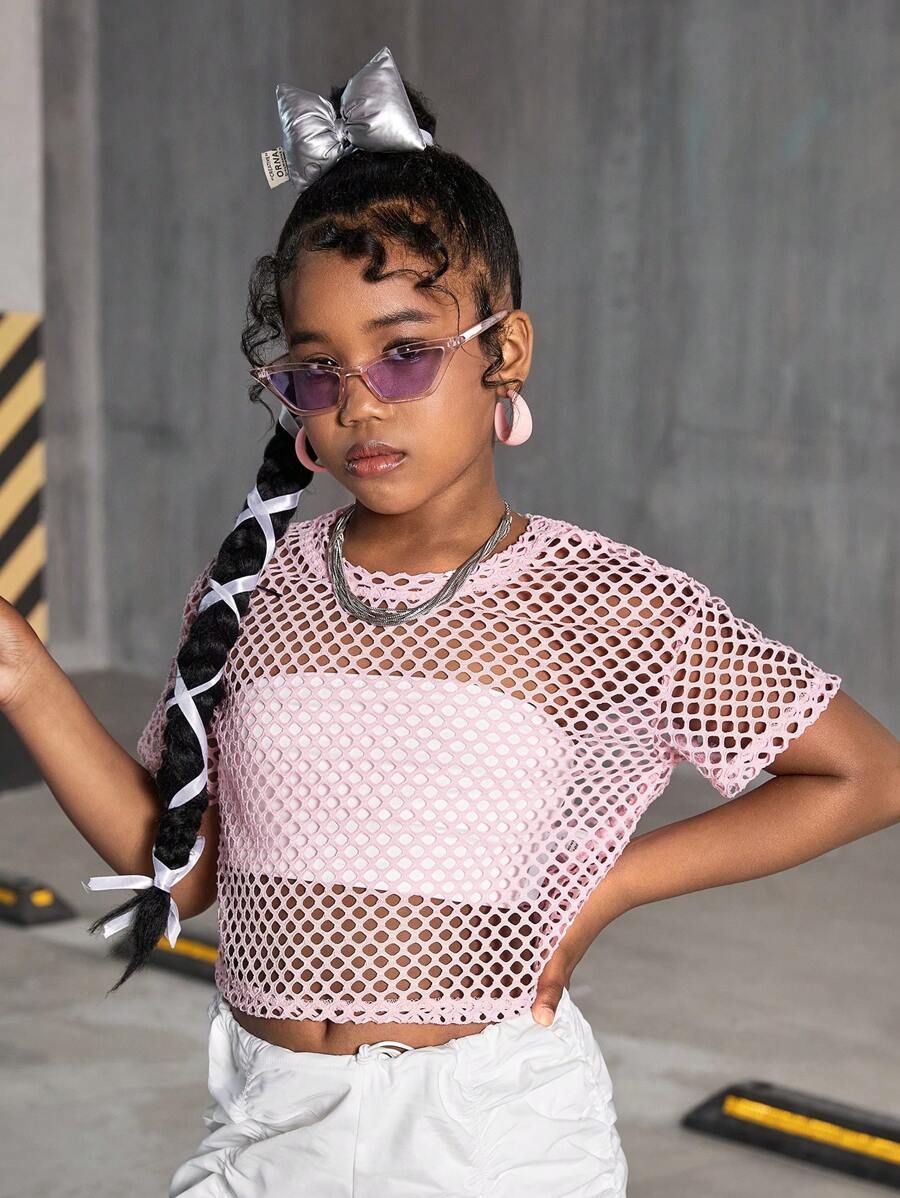 SHEIN 青少年女孩街头风格针织网眼圆领休闲运动短袖上衣 - 珊瑚粉 - 查看 1