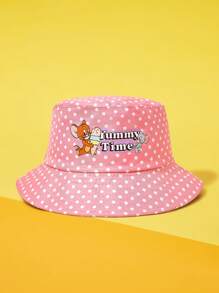 TOM & JERRY X SHEIN Reversible Bucket Hat With Polka Dot And Cartoon Pattern, Fashionable - Dusty Pink - View 1