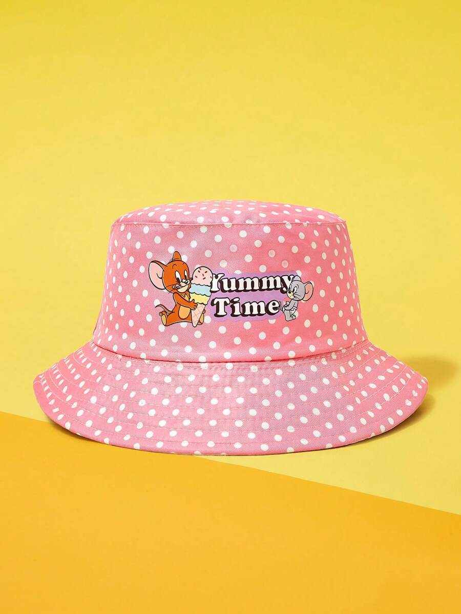 TOM & JERRY X SHEIN Reversible Bucket Hat With Polka Dot And Cartoon Pattern, Fashionable - Dusty Pink - View 1