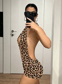 SHEIN ICON Mono casual y sexy de mujer con espalda descubierta y cuello anudado, con estampado de leopardo, adecuado para el verano