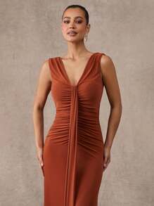 Silquee Premium Quality Summer Solid Dirty Orange Women's V-Neck Draped Hem Dress Double Layer Dress, Fashionable Summer Elegant Romantic Dress Suitable For Party, Going Out, Beach Vacation, Women's Beachwear, Beach Vacation Wear - Rust Brown - View 5