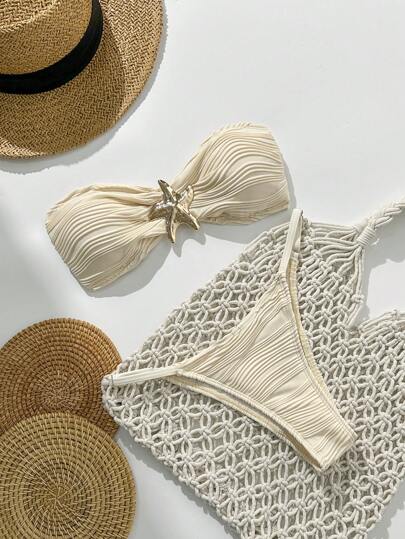 Swim Vcay 2pcs/Set Women's Summer Solid Color Jacquard Fabric Metal Decor Bandeau Tankini Swimsuit Set, Beach Holiday Bikini