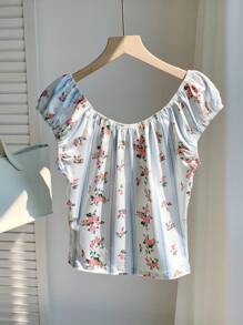 Comfortcana Women's Summer Holiday Casual Ditsy Floral Striped T-Shirt - Multicolor - View 2