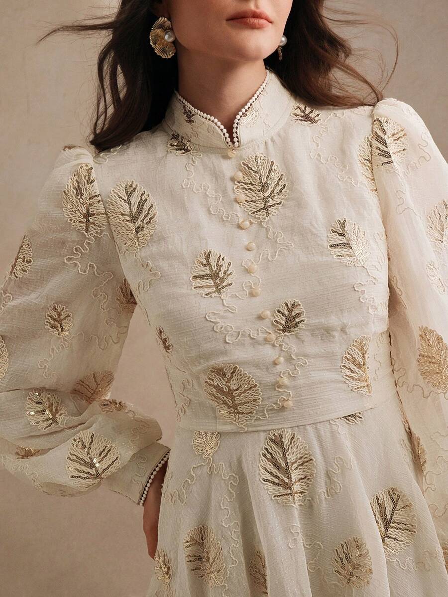 Anewsta Modern Champagne High-End Floral Mesh Network Elegant Sequin Long Sleeve Dress For Women, Festival, Resort Wear, Spring & Summer Outfits - Champagne - View 1