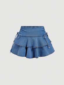 SHEIN MOD 女士休闲夏季抽绳褶皱多层牛仔裙 - 淺色水洗藍 - 查看 1