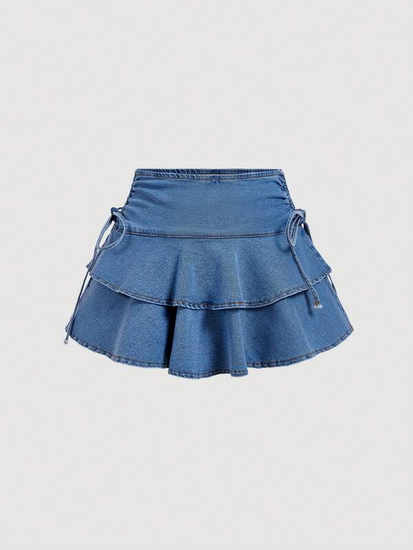 SHEIN MOD Falda vaquera casual de verano para mujer con cordón, plisada y multicapa