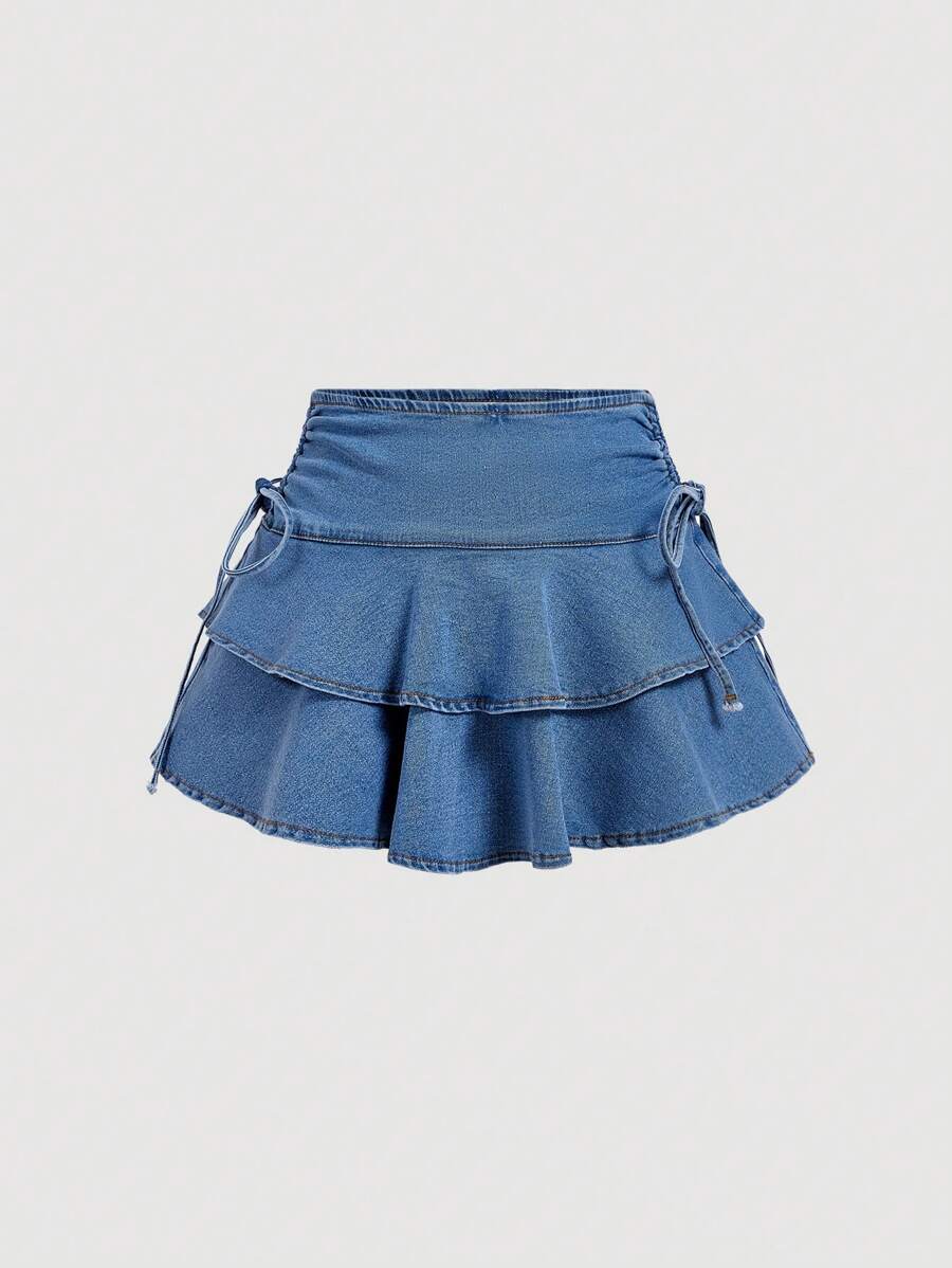 SHEIN MOD 女士休闲夏季抽绳褶皱多层牛仔裙 - 淺色水洗藍 - 查看 1