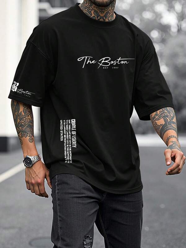 Manfinity LEGND Plus Size Men's Summer Casual Slogan Print Dropped Shoulder Loose Short Sleeve T-Shirt T Shirts Mens T Shirt For Man Simple