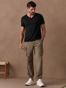 HIMLAND Men Solid V Neck Tee, Summer - Black - View 2