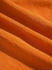 Omancia 2pcs Women Linen-Like Texture Faux Wood Button Front Sleeveless Shirt And Shorts Casual Set - Orange - View 3