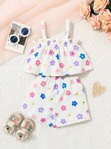 SHEIN Baby Girl Summer Floral Print Camisole Top And Elastic Waist Shorts Set, Suitable For Vacation - White - View 2
