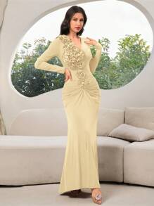 Modelyn Women's Elegant V-Neck Floral Embossed Ruffle Slit Hem Maxi Cocktail Dress - Yellow - View 3