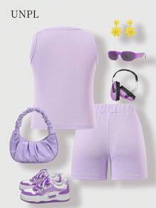 SHEIN 2pcs Young Girl Knitted Casual Sunflower Print Vest And Shorts Set, Fitted, Suitable For Summer Daily Wear - Purple - View 2