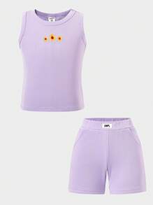 SHEIN 2pcs Young Girl Knitted Casual Sunflower Print Vest And Shorts Set, Fitted, Suitable For Summer Daily Wear - Purple - View 1