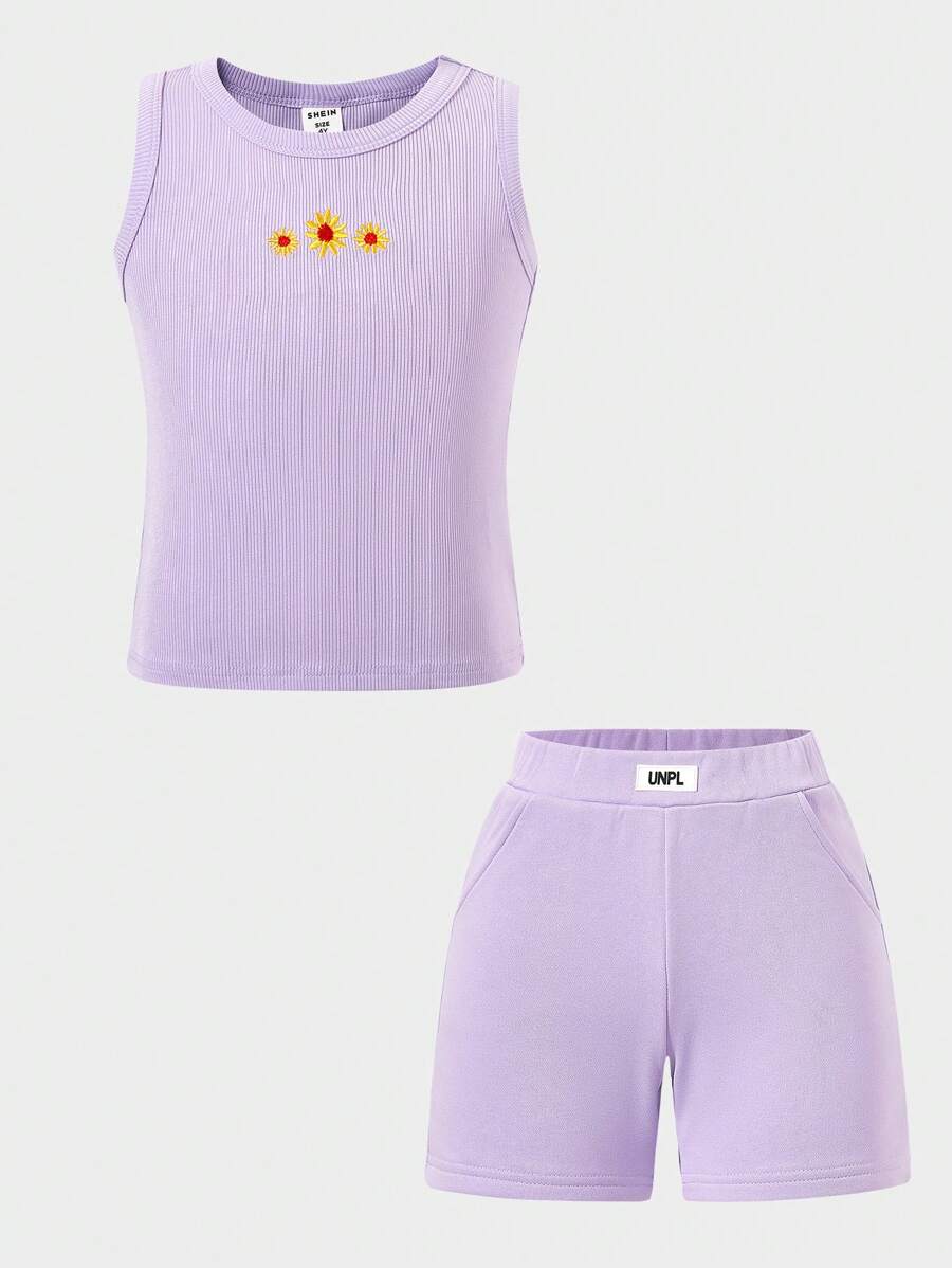 SHEIN 2pcs Young Girl Knitted Casual Sunflower Print Vest And Shorts Set, Fitted, Suitable For Summer Daily Wear - Purple - View 1
