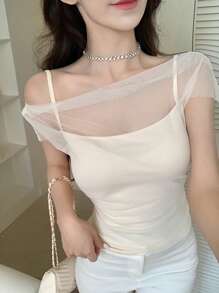 DAZY 女士优雅露肩网纱短袖T恤，夏季，不对称肩部上衣 - 杏色 - 查看 6