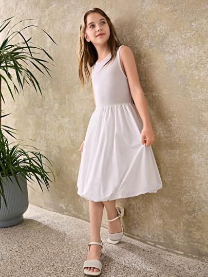 Ontre Tween Girl Solid Color Patchwork Flower Bud Design Sleeveless Dress