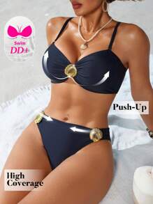 Swim DD+ Women's Summer Swimwear, Double Shoulder Large Bust DD Push Up, Fashion Hot-Selling Shell Decor, Sexy Party Beach Resort 2 Pieces Set