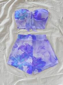 Soleia Bộ đồ áo bandeau nơ phía trước và quần short mini bó sát cho nữ, phù hợp cho mùa hè, màu tím hoa dâm bụt, phù hợp cho kỳ nghỉ - Màu tím - Xem 3