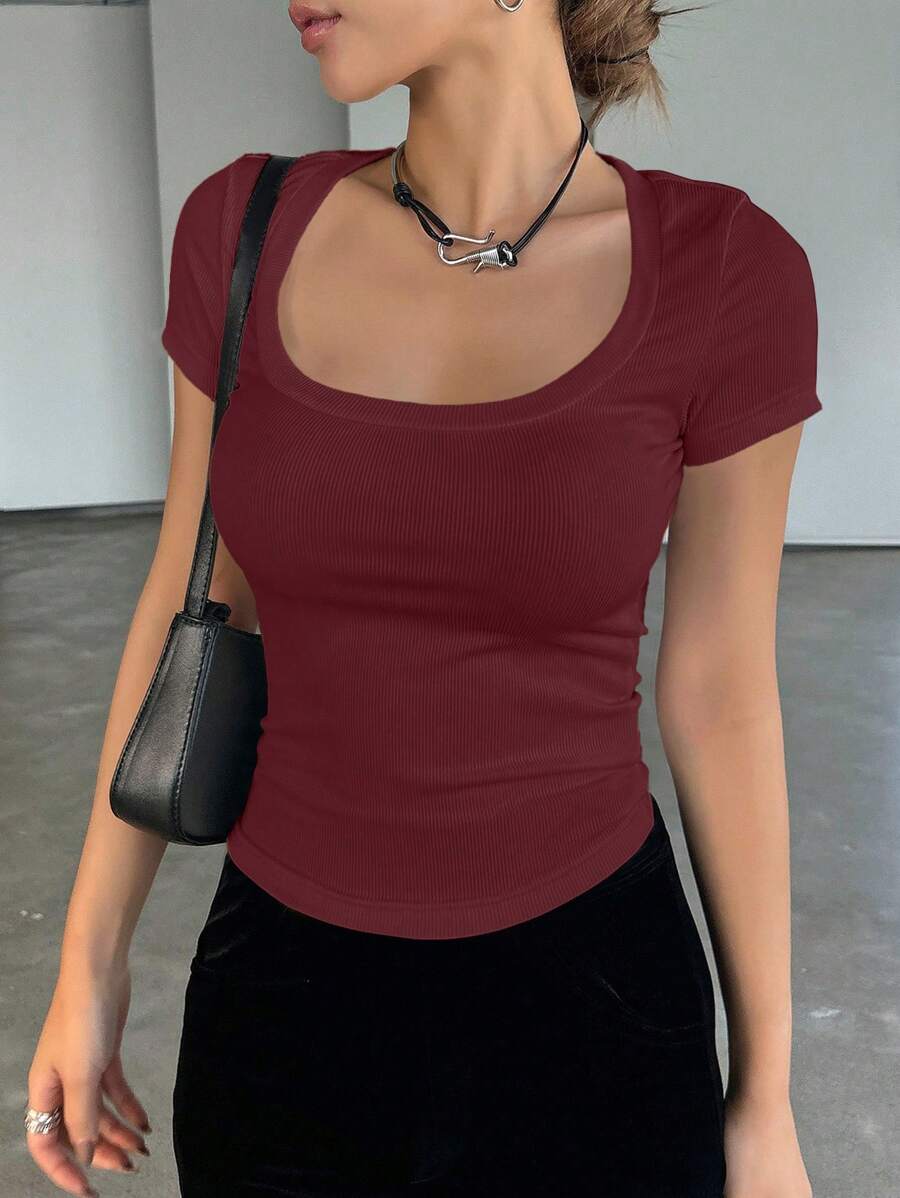 DAZY Women's Casual Versatile Solid Color Round Neck Fitted Short Sleeve Ribbed T-Shirt, Summer - Red Violet - View 1