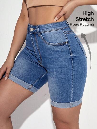 Shorts in denim vita alta con orlo arrotolato