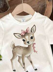 女婴小鹿印花短袖T恤和纯色短裤休闲套装，适合女婴穿着，包括婴儿服装、婴儿服、婴儿套装、品牌婴儿服等。 - 彩色 - 查看 5