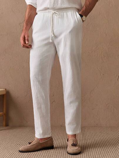 HIMLAND Men Solid Color Simple Daily Casual Woven Trousers, Fall, Old Money