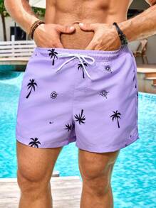 Manfinity Swimmode 男士夏威夷度假风印花沙滩短裤 - 淡紫色 - 查看 3