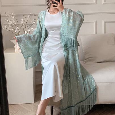 프릴 헴 디테일의 여성 스퀸 장식 루즈핏 롱셔츠, 휴양지 스타일, 봄/여름