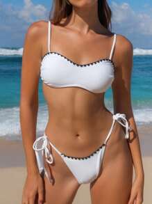 Swim Vcay Swim Lushoire 女士撞色装饰吊带背心白色比基尼套装，适合夏季海滩度假 - 白色 - 查看 6