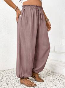 SHEIN Frenchy Plus Size Women Solid Color Ruffle Hem Drawstring Loose Pants,Summer Pants - Mocha Brown - View 5