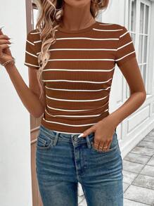 Easowa Athleisure 运动跑步骑行慢跑篮球运动服，女式圆领腰部褶皱黑白条纹休闲舒适修身 T 恤 - 咖啡棕 - 查看 6