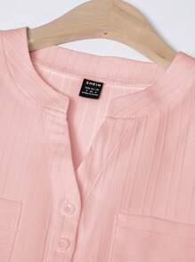 SHEIN Unity 女式落肩长袖纽扣半襟口袋休闲衬衫 - 粉色 - 查看 5
