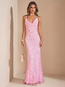 SHEIN BAE 纯色纹理闪光吊带连衣裙，露背吊带，适合度假和海滩，春夏季花卉印花串珠亮片装饰连衣裙，露背粉色连衣裙，春夏季 - 粉色 - 查看 3