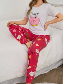 EURMUSE 2 pièces ensemble de pyjama coton femme avec haut imprimé chat mignon à manches courtes et pantalon à motif chat contrastant